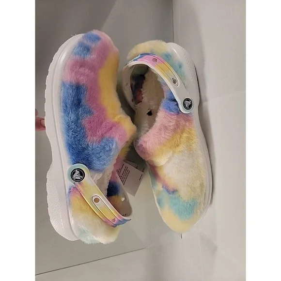CROCS Fur Sure White Yellow Blue Pink Tie-Dye- US Womens 12 Mens 10 207303-94S - Picture 5 of 8